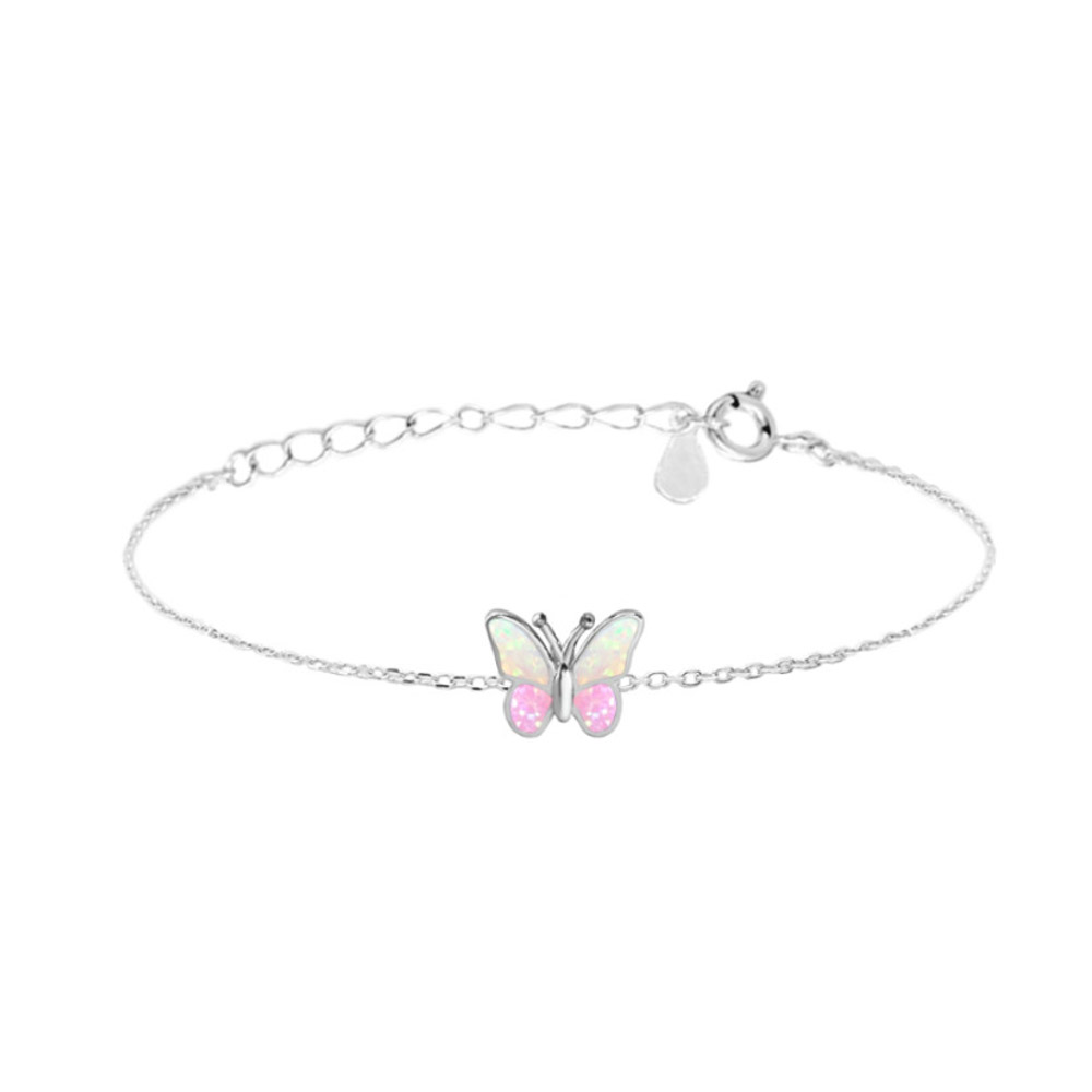 S30-130 Třpytivý stříbrný náramek motýlek s růžovým opálem