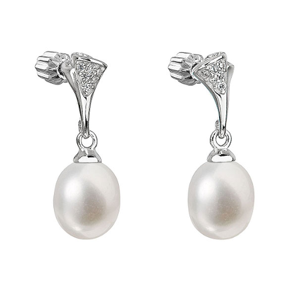 Stříbrné náušnice visací s bílou říční perlou